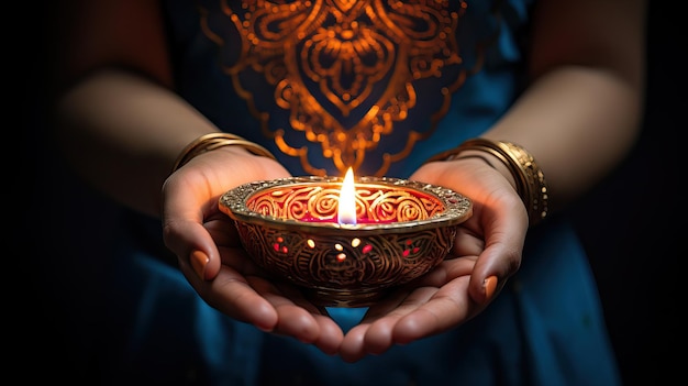 Hands holding a burning diwali diya on dark background Generative AI