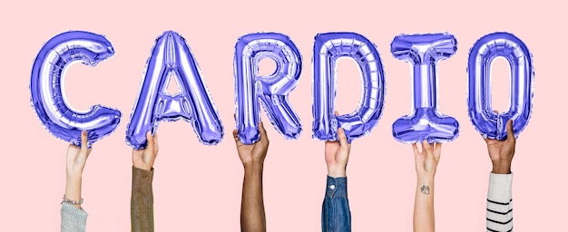 Hands holding cardio word in balloon letters