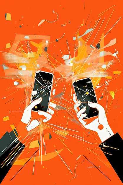 Hands holding cellular phones with arrows to chat in the style of light yellow and orange