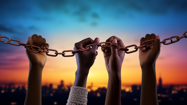 Photo hands holding a chain with sunset in the background