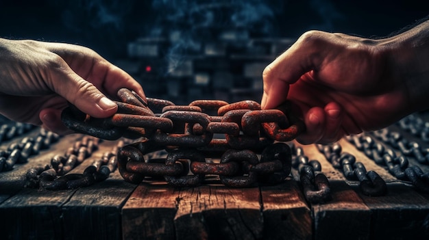 Photo hands holding a chain with the word lock on it