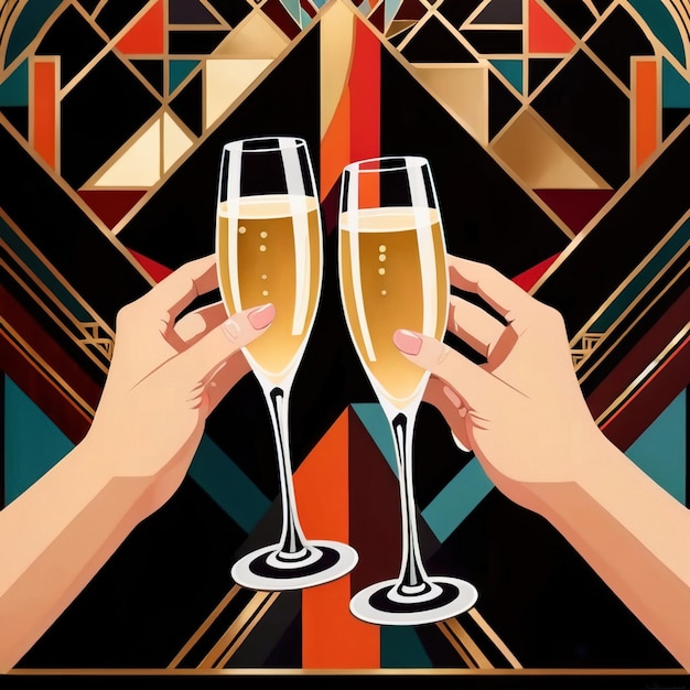 Hands holding champagne glass toasting cheer in celebration vintage retro art deco illustration