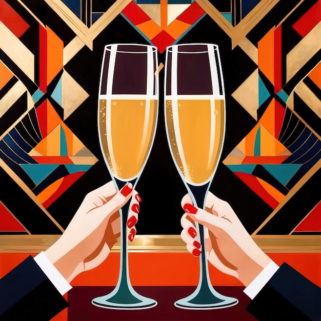 Photo hands holding champagne glass toasting cheer in celebration vintage retro art deco illustration