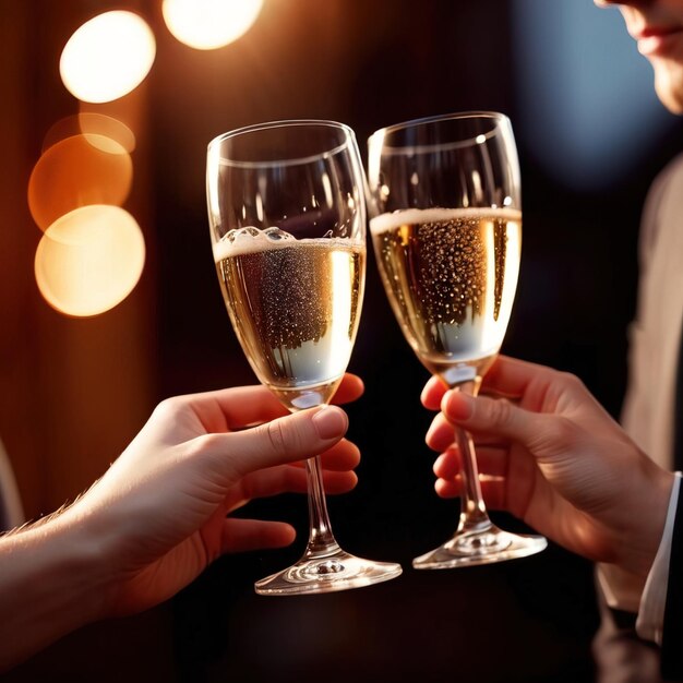 Hands holding champagne glasses toasting in celebration