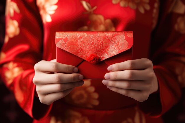 Photo hands holding chinese new year red gift envelope