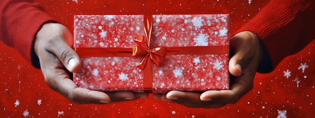 Hands holding christmas gift box with red wrapping and falling snow AI