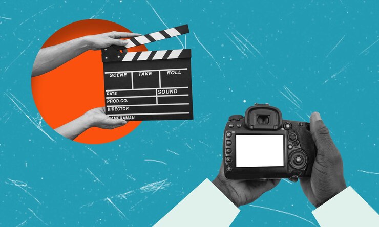 Photo hands holding clapper board making video cinema in studio movie production clapper board