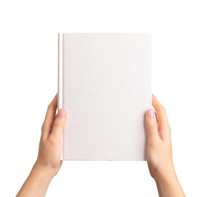 Hands holding closed book cover mock up blank hardcover mockup isolated on white background