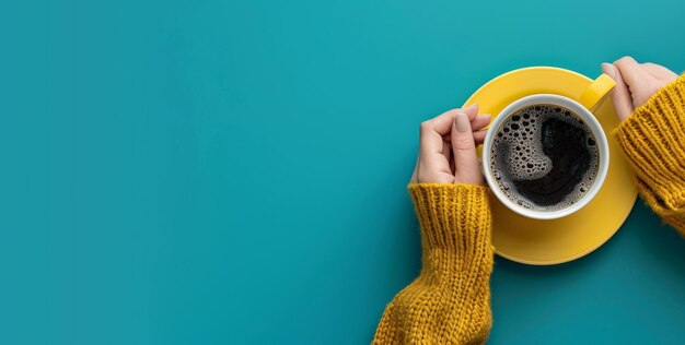 Hands holding coffee cup on blue background Flat lay Copy space