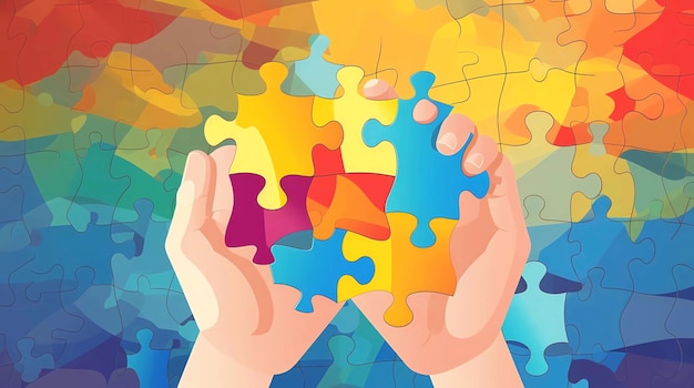 Hands holding colorful puzzle pieces Teamwork concept