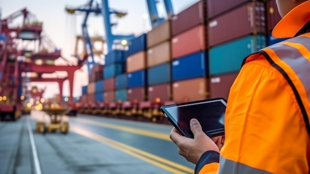 Hands holding a computer tablet against a backdrop of a ship carrying containers at a port an aeroplane and trucks Generative AI International Trade and Logistics