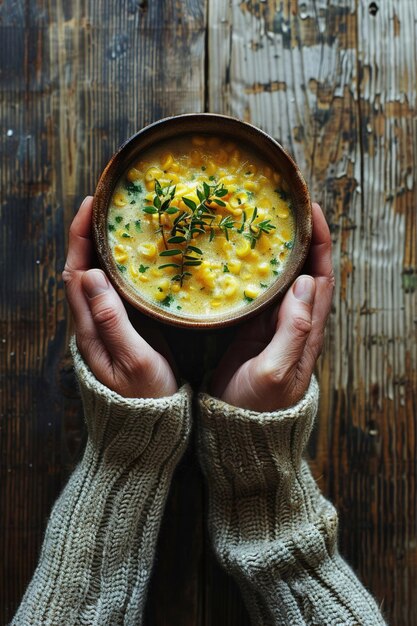 Фото Руки, держащие кукурузный суп