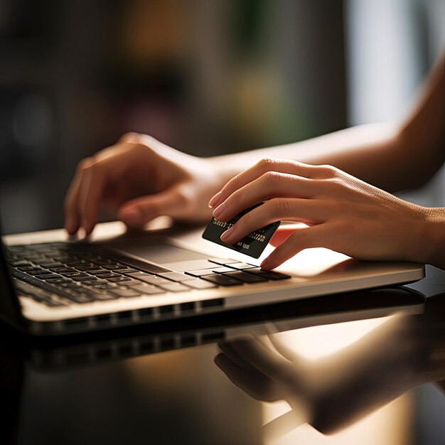 Руки, держащие кредитную карту и использующие ноутбук женщина, работающая из дома
