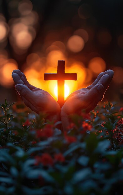 Hands holding a crucifix a believer praying with his arms crossed Jesus Christ divine light from heaven