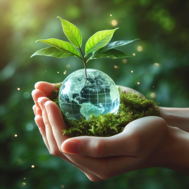 Hands holding crystal glass globe and growing tree in green forest Saving environment ai generative