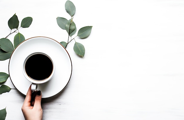 Premium Photo | Hands holding cup of coffee with eucalyptus leaves on ...