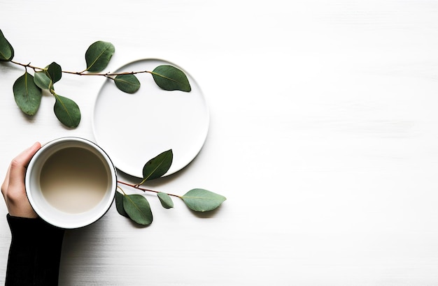 hands holding cup of coffee with eucalyptus leaves on white wooden platter minimalist backgrounds