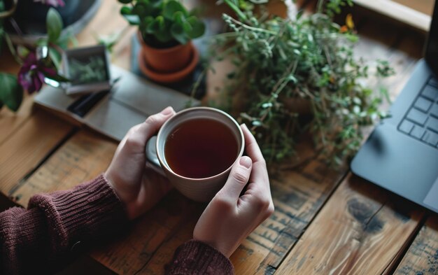 Hands holding a cup of herbal tea in a workspace