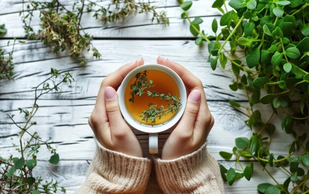 Hands holding a cup of herbal tea in a workspace