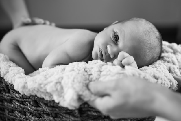 Hands holding a cute newborn little baby lying on his belly