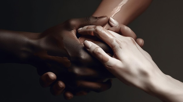 Hands holding each other with one hand and the other being held by a white hand.