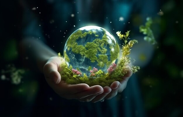 Hands holding earth crystal glass globe ball encircled by verdant forest flora Generative AI