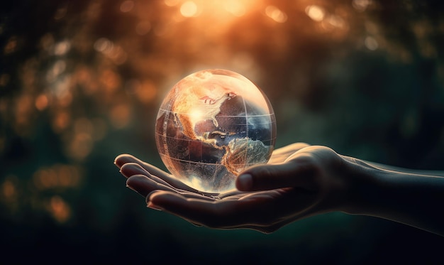 Hands holding earth global over blurred abstract nature background generative AI