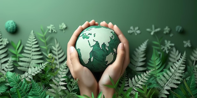 Hands holding earth globe on green leaves background Save the planet concept