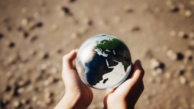 hands holding an earth single globe tiny planet protecting the earth ecology taking care