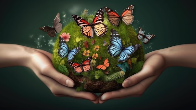 Hands Holding Earth with Butterflies Around It