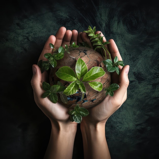 hands holding earth with leafs background