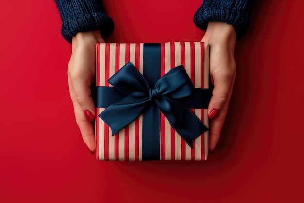 Hands holding an elegantly wrapped present with striped red and white paper and a deep blue bow set against a striking red background