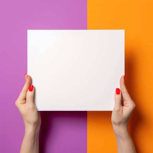 Hands holding an empty white board on a colorful background for png Generated by AI