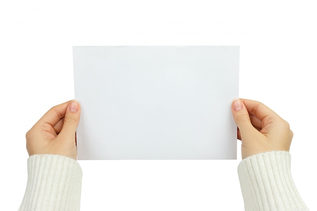 Photo hands holding empty white paper isolated on white background