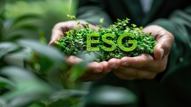 Руки, держащие письма ESG среди пышной зелени