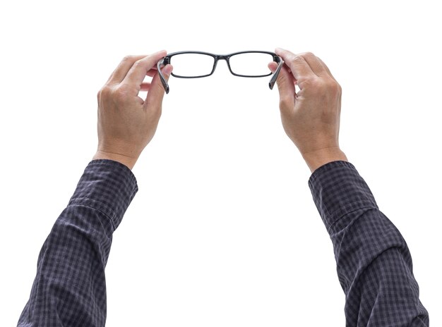 Photo hands holding eyeglasses isolated on white