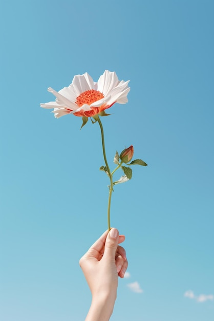 空の背景に孤立した花を握る手