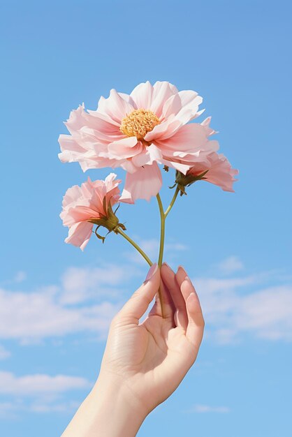 空の背景に孤立した花を握る手