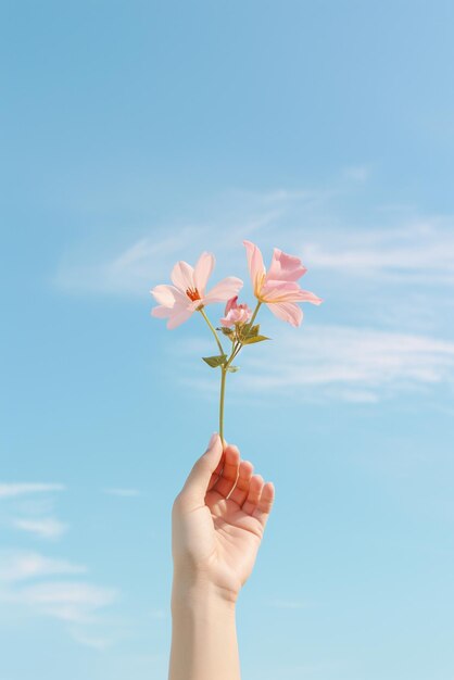 空の背景に孤立した花を握る手