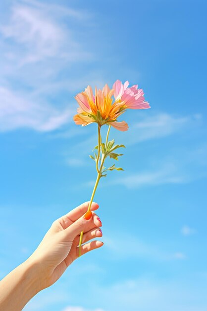 空の背景に孤立した花を握る手