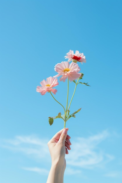 空の背景に孤立した花を握る手