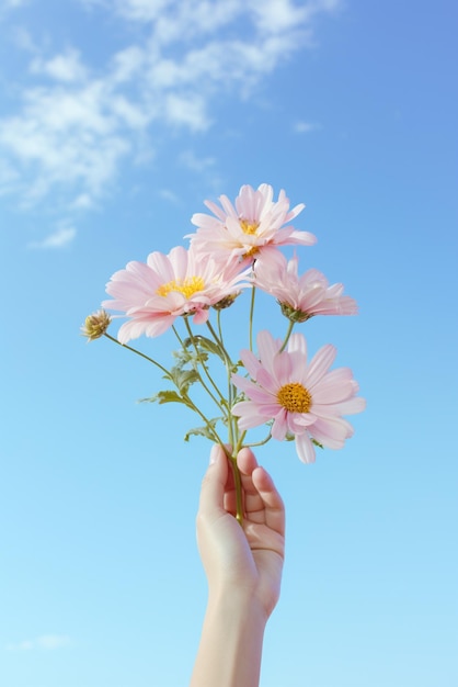 空の背景に孤立した花を握る手