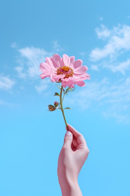 空の背景に孤立した花を握る手