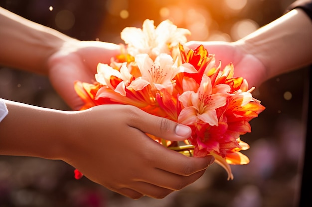 hands holding flower together