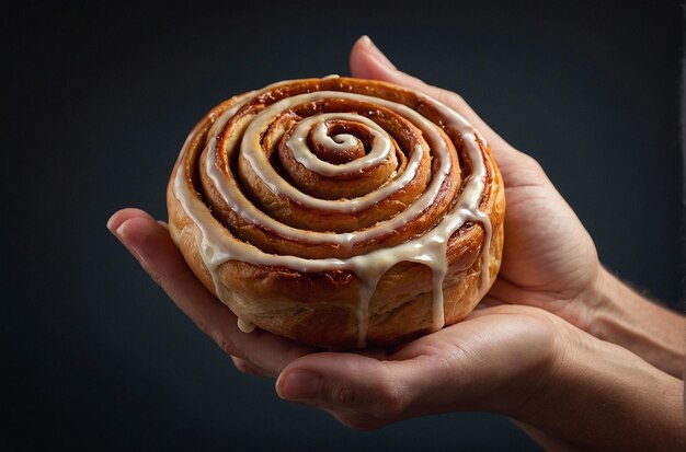 Photo hands holding a freshly baked cinnamo