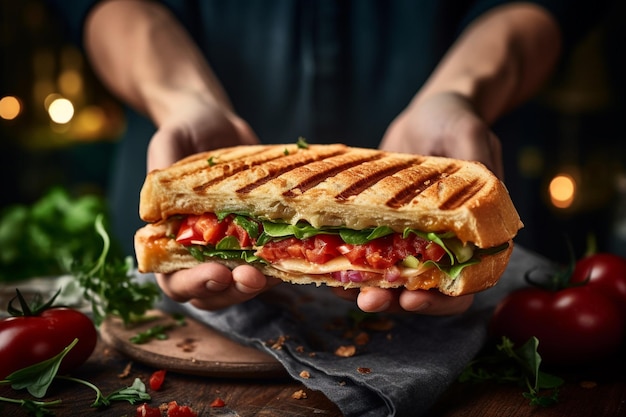 Foto mani che tengono un panini appena fatto pronto a prendere un boccone