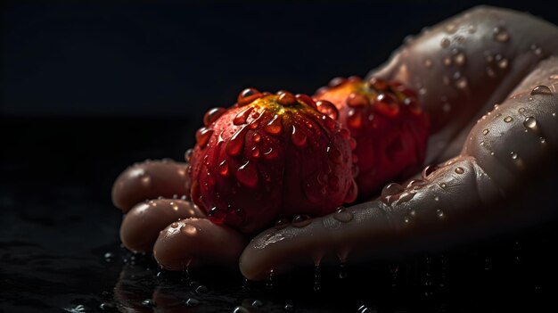 Photo hands holding fruit with water drops on dark background