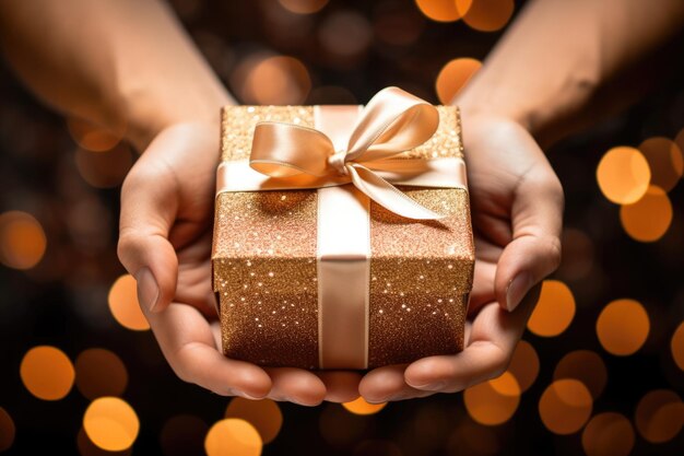 hands holding a gift against the background of holiday lights