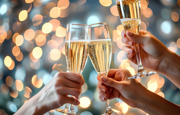 Hands holding glasses of champagne people cheering with glasses on pastel bokeh background