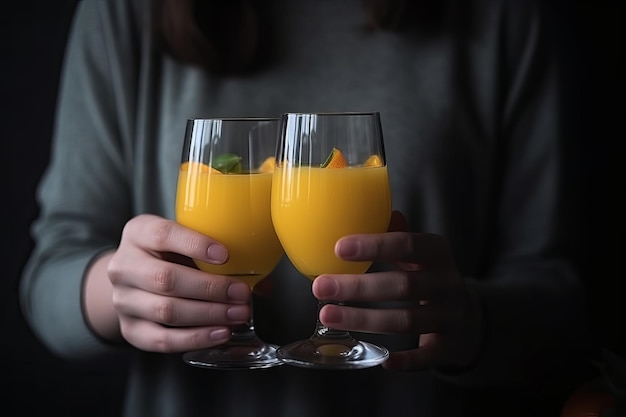 新鮮なオレンジ ジュースのグラスを持つ手生成 AI